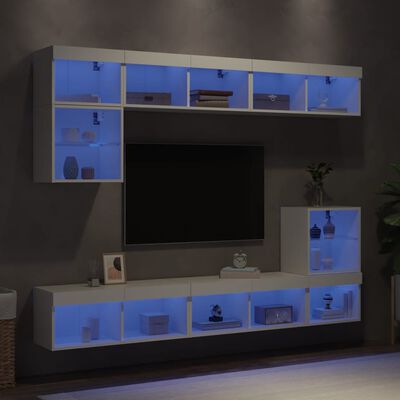 vidaXL Mobili TV a Muro con LED 8pz Bianchi in Legno Multistrato