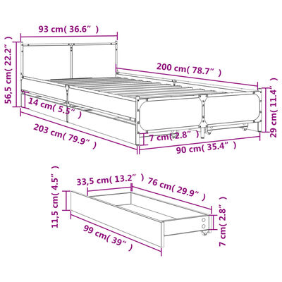 vidaXL Giroletto con Cassetti Nero 90x200 cm in Legno Multistrato