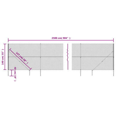 vidaXL Recinzione a Rete con Picchetti Ancoraggio Antracite 1,4x25 m