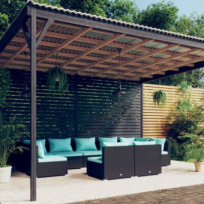 vidaXL Set Divani da Giardino 9 pz con Cuscini in Polyrattan Nero