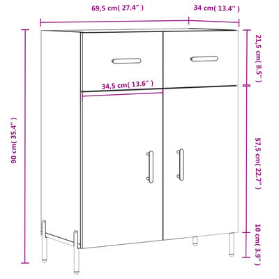 vidaXL Credenza 69,5x34x90 cm in Legno Multistrato Bianco Lucido