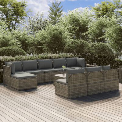 vidaXL Set Divani da Giardino 11 pz con Cuscini in Polyrattan Grigio