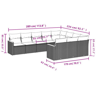 vidaXL Set Divano da Giardino 10 pz con Cuscini Grigio in Polyrattan