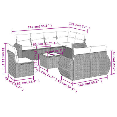 vidaXL Set Divani da Giardino 9 pz con Cuscini Nero in Polyrattan