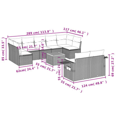 vidaXL Set Divani da Giardino 10pz con Cuscini in Polyrattan Nero