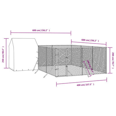 vidaXL Cuccia Cani da Esterno Tetto Argento 6x6x2,5 m Acciaio Zincato