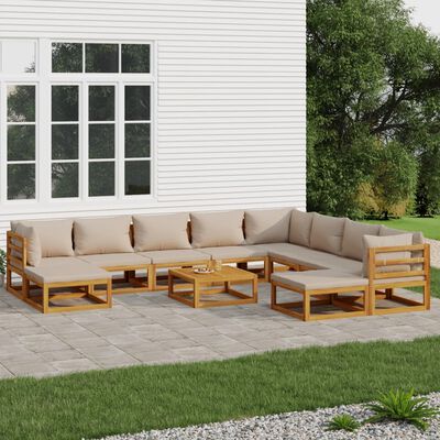 vidaXL Set Salotto da Giardino 11pz con Cuscini Tortora Legno Massello