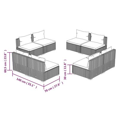 vidaXL Set Divani da Giardino 8 pz con Cuscini in Polyrattan Marrone