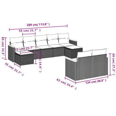 vidaXL Set Divani da Giardino 9 pz con Cuscini Nero in Polyrattan