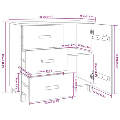 vidaXL Credenza HAMAR Grigio Scuro 90x40x80 cm Legno Massello di Pino