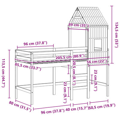 vidaXL Letto Soppalco con Scala e Tetto 80x200 cm Legno Massello Pino