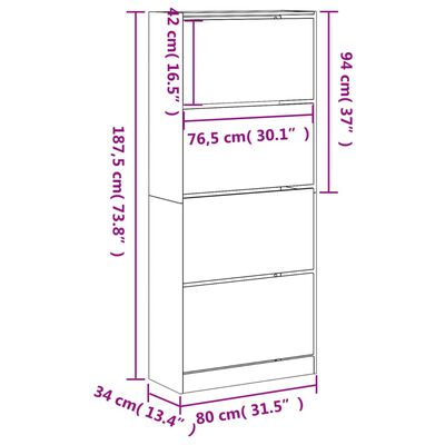 vidaXL Scarpiera con 4 Cassetti Ribaltabili Rovere Fumo 80x34x187,5 cm