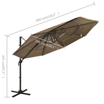 vidaXL Ombrellone a Sbalzo 4 Livelli Palo in Alluminio 3x3 m Tortora