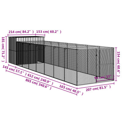 vidaXL Casetta Cani con Corsa Antracite 214x865x181 cm Acciaio Zincato