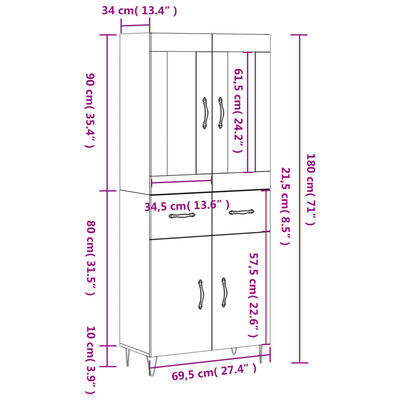 vidaXL Credenza Rovere Marrone 69,5x34x180 cm in Legno Multistrato