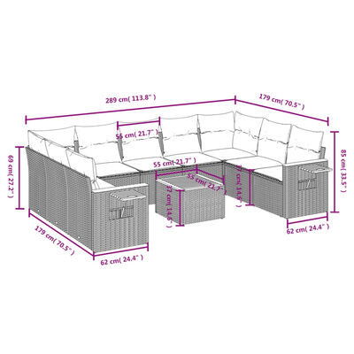 vidaXL Set Divani da Giardino 10pz con Cuscini in Polyrattan Nero