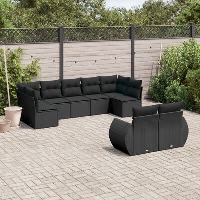 vidaXL Set Divani da Giardino 9 pz con Cuscini Nero in Polyrattan