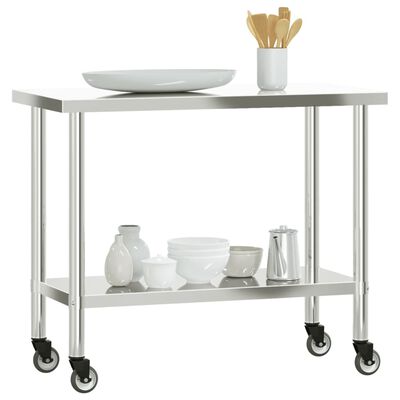 vidaXL Tavolo da Lavoro Cucina con Ruote 110x55x85 cm in Acciaio Inox