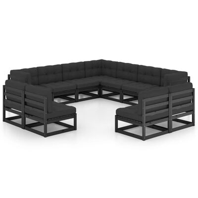 vidaXL Set Divani da Giardino 11 pz con Cuscini Massello di Pino Nero