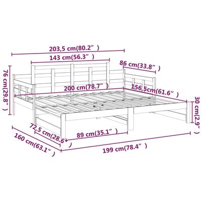 vidaXL Dormeuse Estraibile Nera in Legno Massello di Pino 2x(80x200)cm