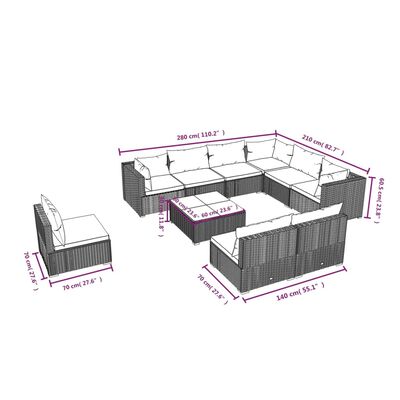 vidaXL Set Divani da Giardino 10 pz con Cuscini in Polyrattan Marrone