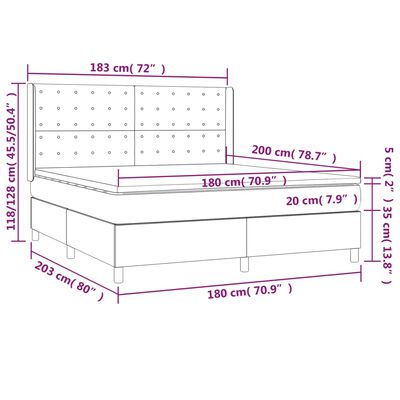 vidaXL Letto a Molle Materasso e LED Grigio Scuro 180x200cm in Tessuto