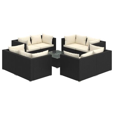 vidaXL Set Divani da Giardino 9 pz con Cuscini in Polyrattan Nero