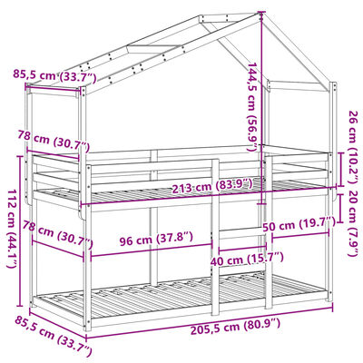 vidaXL Letto a Castello con Tetto Cera 80x200 cm Legno Massello Pino