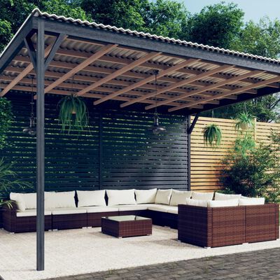 vidaXL Set Divani da Giardino 11 pz con Cuscini in Polyrattan Marrone