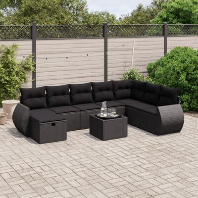 vidaXL Set Divani da Giardino 9 pz con Cuscini Nero in Polyrattan