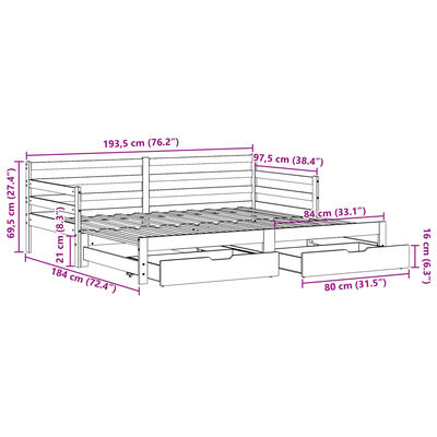 vidaXL Dormeuse Letto Estraibile e Cassetti Bianco 90x190cm Legno Pino