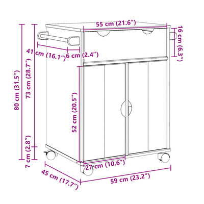 vidaXL Carrello da Cucina OTTA 59x45x80 cm in Legno Massello di Pino