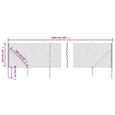 vidaXL Recinzione a Rete con Picchetti Ancoraggio Argento 1,1x25 m