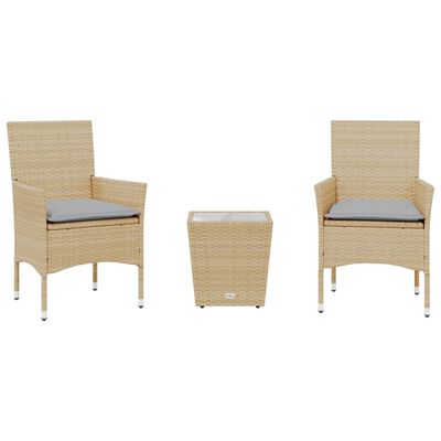 vidaXL Set da Bistrò 3 pz con Cuscini Beige Polyrattan e Vetro