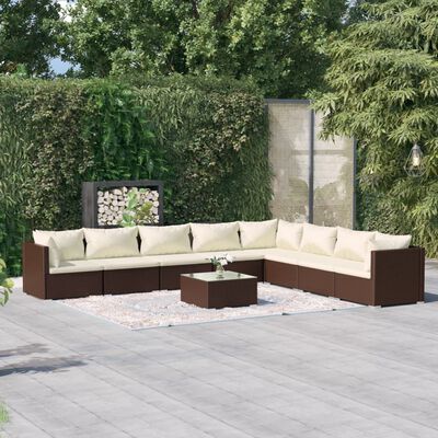 vidaXL Set Divani da Giardino 9 pz con Cuscini in Polyrattan Marrone