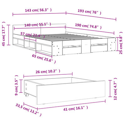 vidaXL Giroletto Cassetti Rovere Sonoma 140x190 cm Legno Multistrato