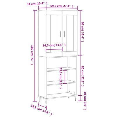 vidaXL Credenza Rovere Marrone 69,5x34x180 cm in Legno Multistrato