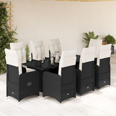 vidaXL Set Bistrò da Giardino 9 pz con Cuscini in Polyrattan Nero