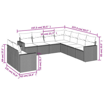 vidaXL Set Divani da Giardino 9 pz con Cuscini Nero in Polyrattan