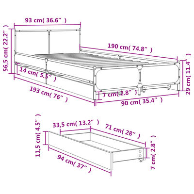 vidaXL Giroletto Cassetti Grigio Sonoma 90x190 cm Legno Multistrato