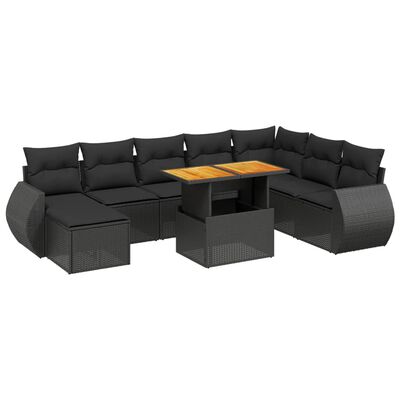 vidaXL Set Divani da Giardino 9 pz con Cuscini Nero in Polyrattan