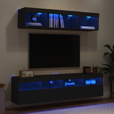 vidaXL Mobili TV a Muro con LED 5pz Neri in Legno Multistrato