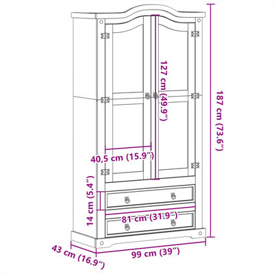 vidaXL Vetrina Corona 99x43x187 cm in Legno Massello di Pino