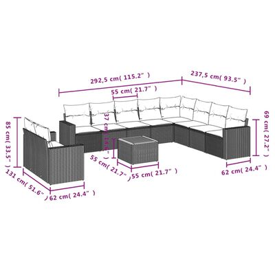 vidaXL Set Divani da Giardino 11 pz con Cuscini in Polyrattan Nero