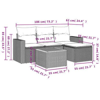 vidaXL Set Divani da Giardino 5 pz con Cuscini in Polyrattan Nero