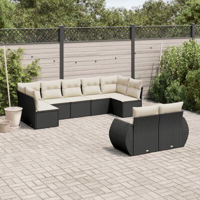 vidaXL Set Divani da Giardino 9 pz con Cuscini Nero in Polyrattan