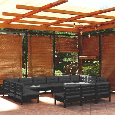 vidaXL Set Divani da Giardino 14 pz con Cuscini Neri in Legno di Pino