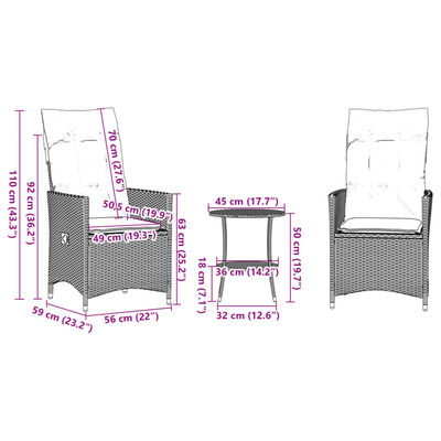 vidaXL Set da Bistrò 3 pz con Cuscini Beige in Polyrattan