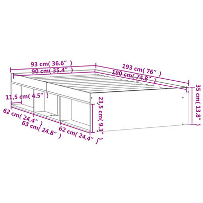 vidaXL Giroletto senza Materasso Rovere Sonoma 90x190 cm