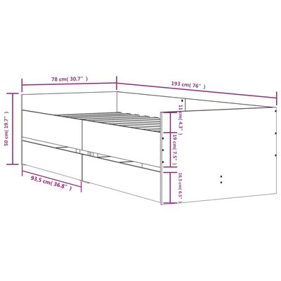 vidaXL Giroletto con Cassetti Grigio Cemento 75x190 cm Small Single